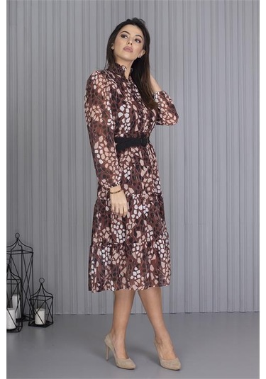 Neşeli Butik Kadın Kahverengi Kemerli Leopar Desenli Şifon Elbise Apcx04 Kahverengi