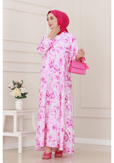 Kuşaklı Çiçekli Lina Elbise-pembe-5261 Pembe