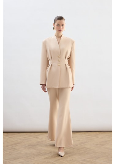 Sateen Gold Düğmeli Uzun Ceket - Bej-136771 Bej