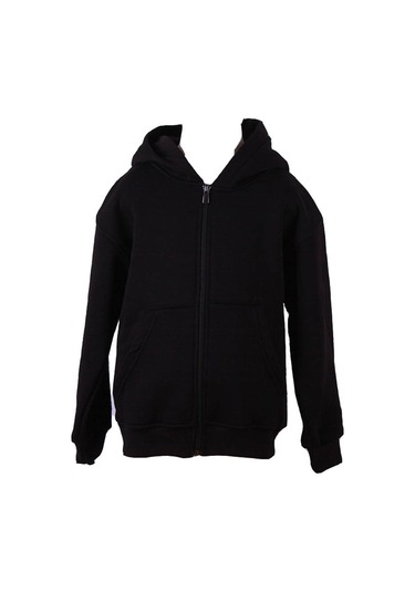 Trender Fermuarlı Kapüşonlu Siyah Kız Çocuk Sweatshirt 3 İp Şardonlu Basic SiYAH
