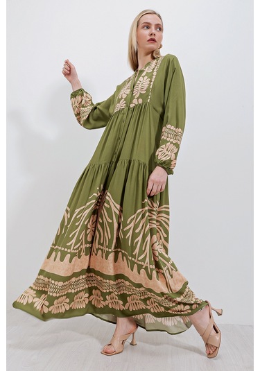 Bigdart 2423 Otantik Desenli Elbise - Haki