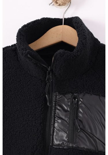 Monox Çocuk Lastik Manşetli Fermuarlı Unisex Kuzu Wellsoft Peluş Ceket Siyah