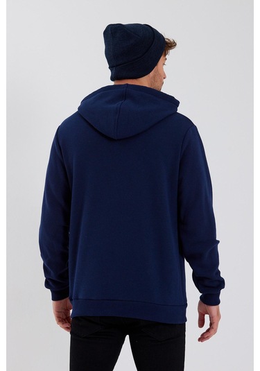 Erkek 3 İplik Pamuklu İçi Polarlı Baskılı Regular Fit Kapüşonlu Kanguru Cepli Lacivert Sweatshirt Lacivert