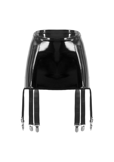 Siyah Artı Boyutu Kadın Yüksek Bel Mini Etek Lateks Jartiyer 6 Askılı Metal Klip Tutucu Askı Kemer Siyah