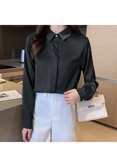 Novahub Sonbahar Uzun Kollu Ipek Kadın Gömlek Rahat Ofis Kadın Üstleri Katı Zarif Bluzlar Turn Down Yaka Katı Bluz Kadın Giyim Siyah - M Siyah