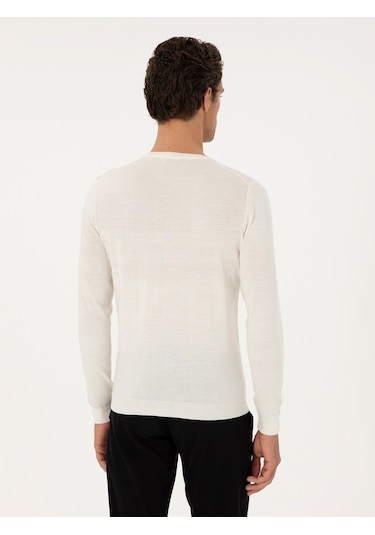 Cacharel Beyaz Slim Fit Yün Karışımlı Bisiklet Yaka Basic Triko Kazak
