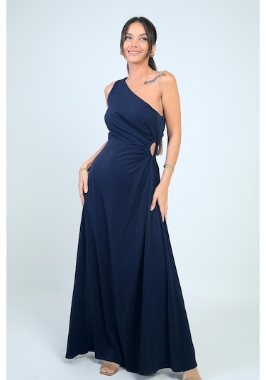 Kadın Tek Omuz Yan Pencere Detaylı Uzun Krep Saten Elbise-41546 Lacivert