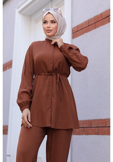 Hakim Yaka Detaylı Tesettür Kahverengi Takım Kahverengi