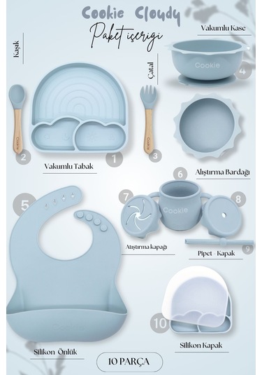 Kiwi Cloudy 11 Parça Full Silikon Bebek Beslenme Seti: Güvenli, Esnek, Bpa / Pvc İçermez, %100 Doğal