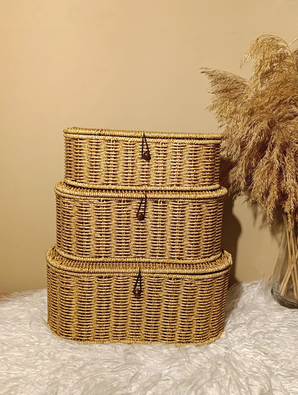 3'lü Rattan Oval Kapaklı Düğmeli Kutu / Organizer / Düzenleyici Diğer