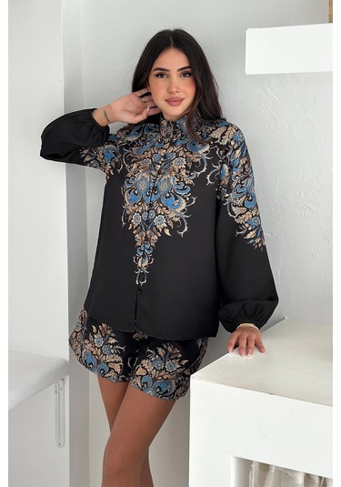 İthal Atlas Kumaş Bluz&şort Takım Siyah Siyah