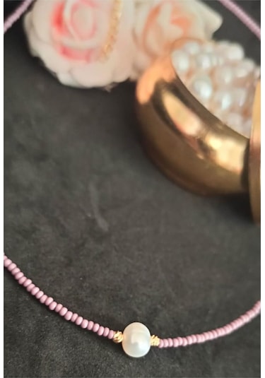 24k Altın Kaplama Gerçek Tek İnci Kum Boncuklu Trend Kolye Mor Çok Renkli