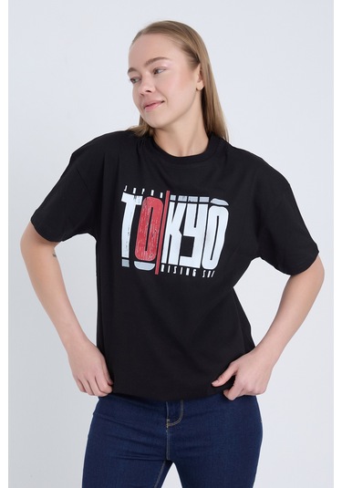 Velvoria Unisex Oversize Siyah Desenli Tokyo T-shırt
