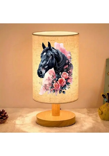 Willowhaven 24x10 Kara At Baskılı Ahşap Renk Masa Lambası Led Işık Usb Şarjlı Yatak Başı Lamba Hediye Füme