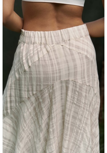 Peigi Çizgili Parçalı Bej Midi Etek Bej