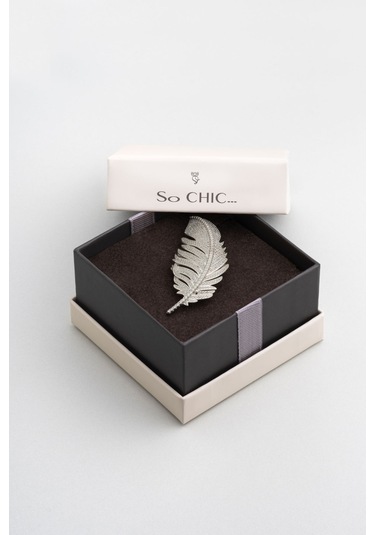 Baykuş Tüyü 18 Ayar Beyaz Altın Kaplama Gümüş Broş Beyaz