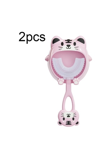 Sones S8 2 Adet Çocuk Karikatür Hayvan Manuel U Şeklinde Silikon Diş Fırçası 2-12 Yaş Arası Pembe Kaplan