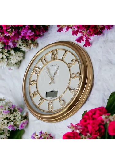 Termometreli Isı Ölçer Dijital Gold Salon Ofis Duvar Saati 47 cm Altın