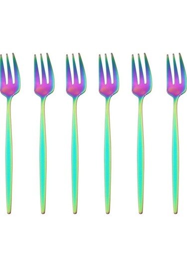 Çok Renkli 6 Adet Renkli Çatal Seti Çay Kek Aperatif Çatal Yemek Takımı Çatal Bıçak Takımı Mat Paslanmaz Çelik Sofra Tatlı Meyve Çatalı Gümüş Seti Çok Renkli