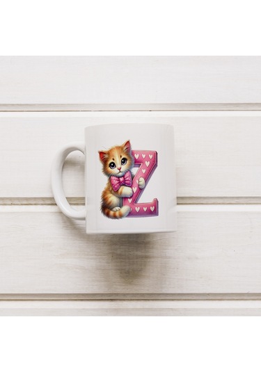 Z Harfli Bardak, Sevimli Kedili Pembe Tasarım Bardak, Arkadaşa Aileye Hediye Porselen Beyaz