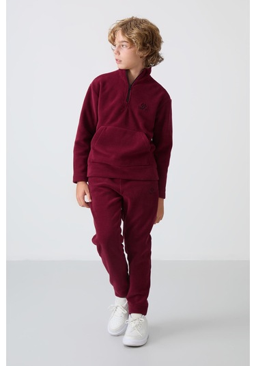 Tommy Life Erguvan Kalın Yumuşak Dokulu Standart Fit Nakışlı Polar Erkek Çocuk Eşofman Takım - 11218 Mor