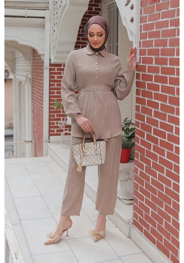 Taş Düğme Detaylı Takım Vizon Vizon