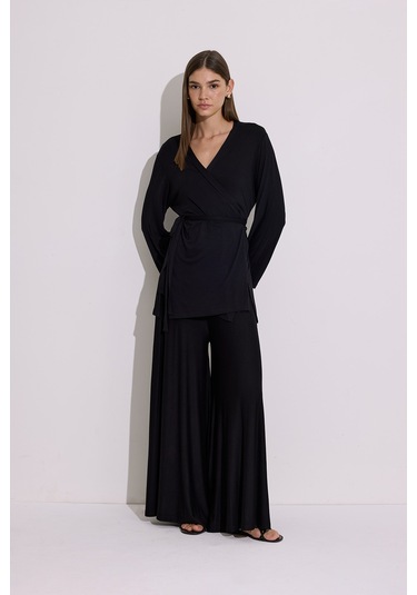 Bağlamalı Dökümlü Kimono Siyah Siyah