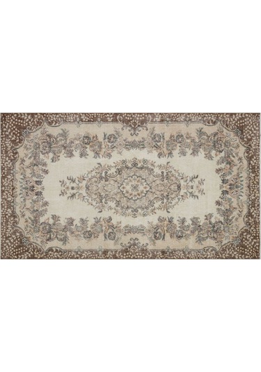 Kahve Rengili Krem Modern Vintage El Dokuma Halı 166x293