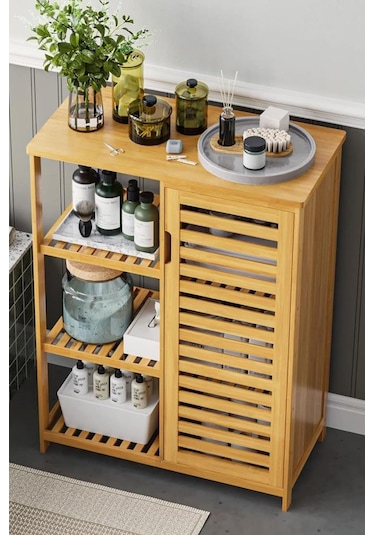 Digithome Bambu Masif 3 Raflı Tek Kapaklı Çok Amaçlı Düzenleyici Organizer Dolap Db-0005 Kahverengi