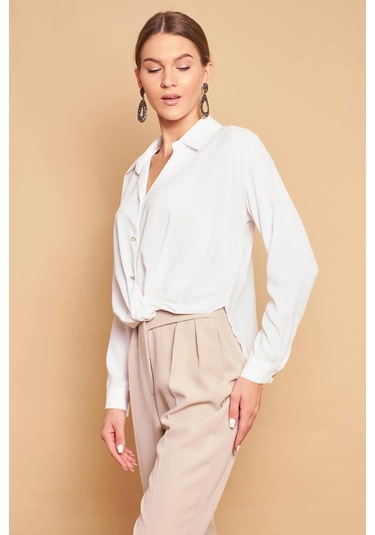 Yakalı Önü Pileli Uzun Kol Likrasız Şık Kumaş Gömlek-krem Krem