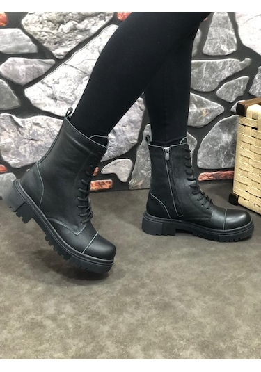 Umut Hakiki Deri Kışlık Kauçuk Taban Postal Kadın Bot Sıyahsıyah