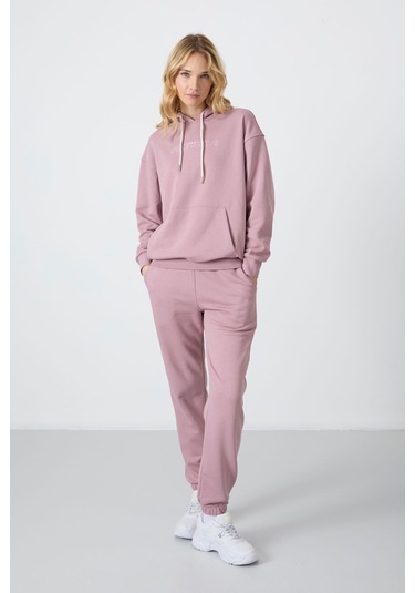 Tommy Life Gül Kurusu Kapüşonlu Kanguru Cep Oversize Lastik Paça Kadın Eşofman Takımı - 95288 Gül Kurusu