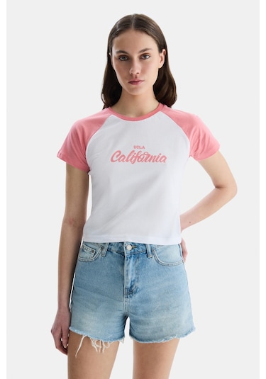 Ucla Carolına Pembe Bisiklet Yaka Baskılı Standard Fit Kadın Tshirt Pembe