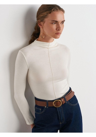 31391 Dik Yaka Uzun Kollu Top-ekru-867 Ecru Ekru
