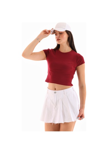Kadın Likralı Kısa Kol Crop Bluz Bordo