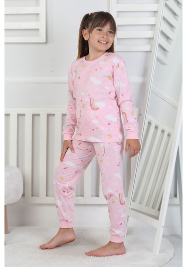 Cute Dreams Pattern Uzun Kollu Kız Çocuk Pijama Takımı Pembe