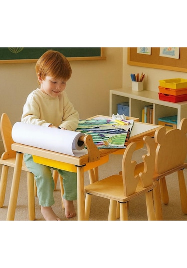 Woodnjoy Wood & Joy Ahşap Duyusal Çocuk Aktivite Masası 2 Sandalye Seti + Rulo Kağıt - Beyaz