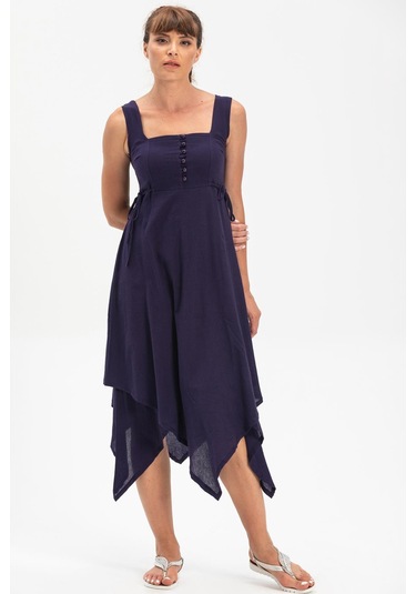 Kolsuz Şile Bezi Üçgen Katlı Midi Boy Yazlık Elbise Mor Mor Mor