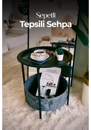 Sepetli Tepsili Sehpa Siyah