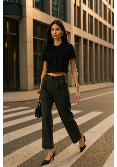 Bebe Yaka Düğmeli Bluz Antrasit Melanj