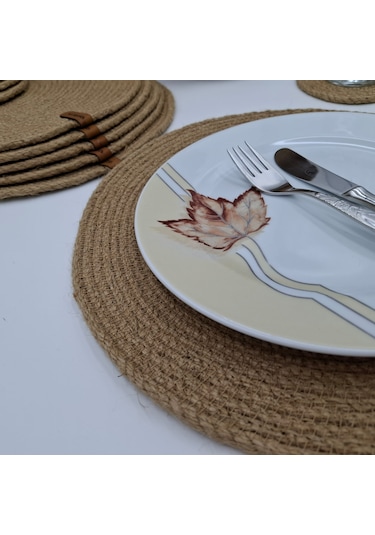 6 Kişilik 14 Parça Hasır Rengi Amerikan Servis, Hasır Supla Takım Naturel