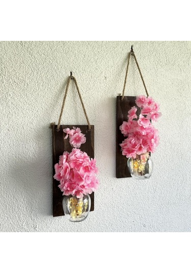 Led Işıklı, Pembe Bahardalı Çiçekli Duvar Dekoru Ceviz İkili Set Ceviz