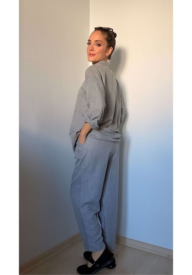 Ali Butik Gri Keten Gömlek Pantolon Takım Gri
