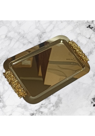 Diperla Kahve Çay Sunum Dikdörtgen Büyük Sunum Tepsisi Gold 30cm