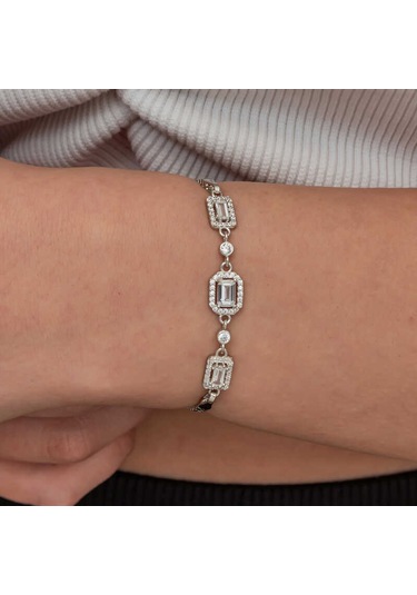 Gümüş Üçlü Baget Taşlı Kadın Bileklik Gümüş