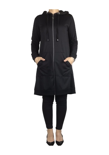 Kadın Kapşonlu Önü Fermuarlı Kanguru Cepli Kristal Kumaş Ceket Siyah