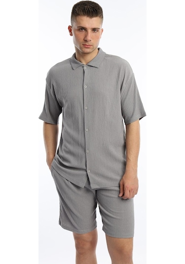 Polo State Erkek Crinkle Kumaş Gömlek - Şort Takım - Gri
