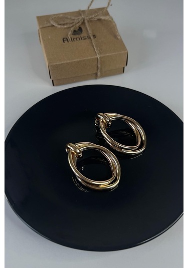 Gold Rose Kaplama İç İçe Geçmeli Oval Premium Çelik Küpe Gold