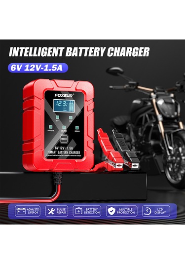 Yaozixa Foxsur 6v/12v Akıllı Otomatik Akü Şarj Cihazı 4-30ah, Lcd Ekranlı, Otomobil-motosiklet İçin, Tamir Ve Bakım, Kırmızı, Avrupa Standartı