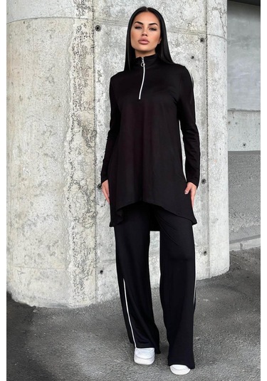 Siyah Asimetrik Kesim, Fermuarlı Bluz & Bol Paça Pantolon - Viskon İki İplik Kumaş Alt & Üst Takım Siyah